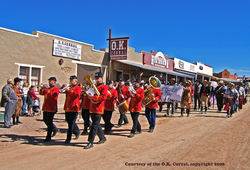 playing the "Death March"  while leading Clanton funeral procession beside the OK Corral in Tombstone for 125th anniversary of the historic gunfight